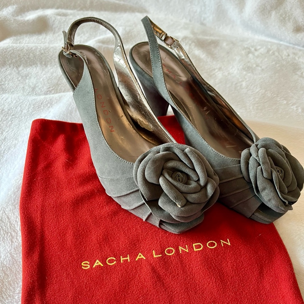 Sacha London LACE Gray Suede Peep Toe Slingback Heels